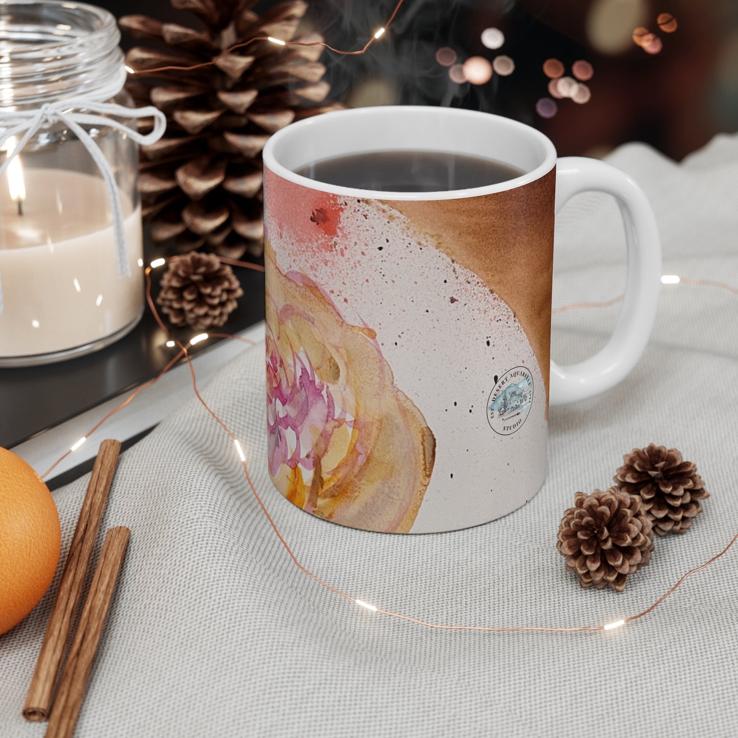 Floral Watercolor Mug - Unique Splash Design with Pink Rose