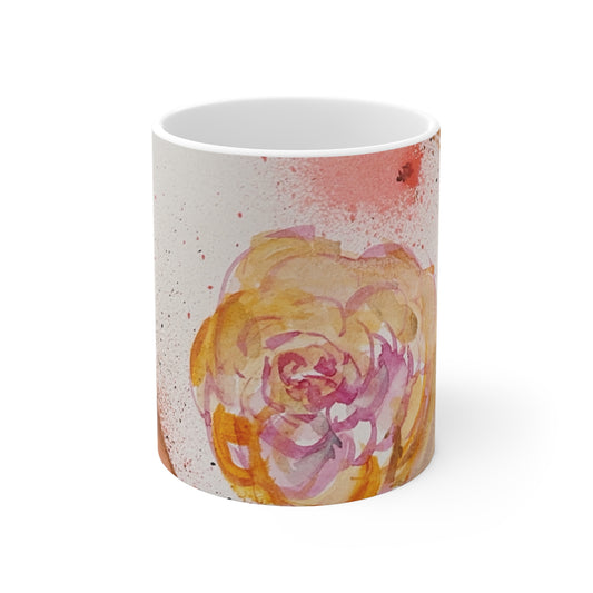 Floral Watercolor Mug - Unique Splash Design with Pink Rose