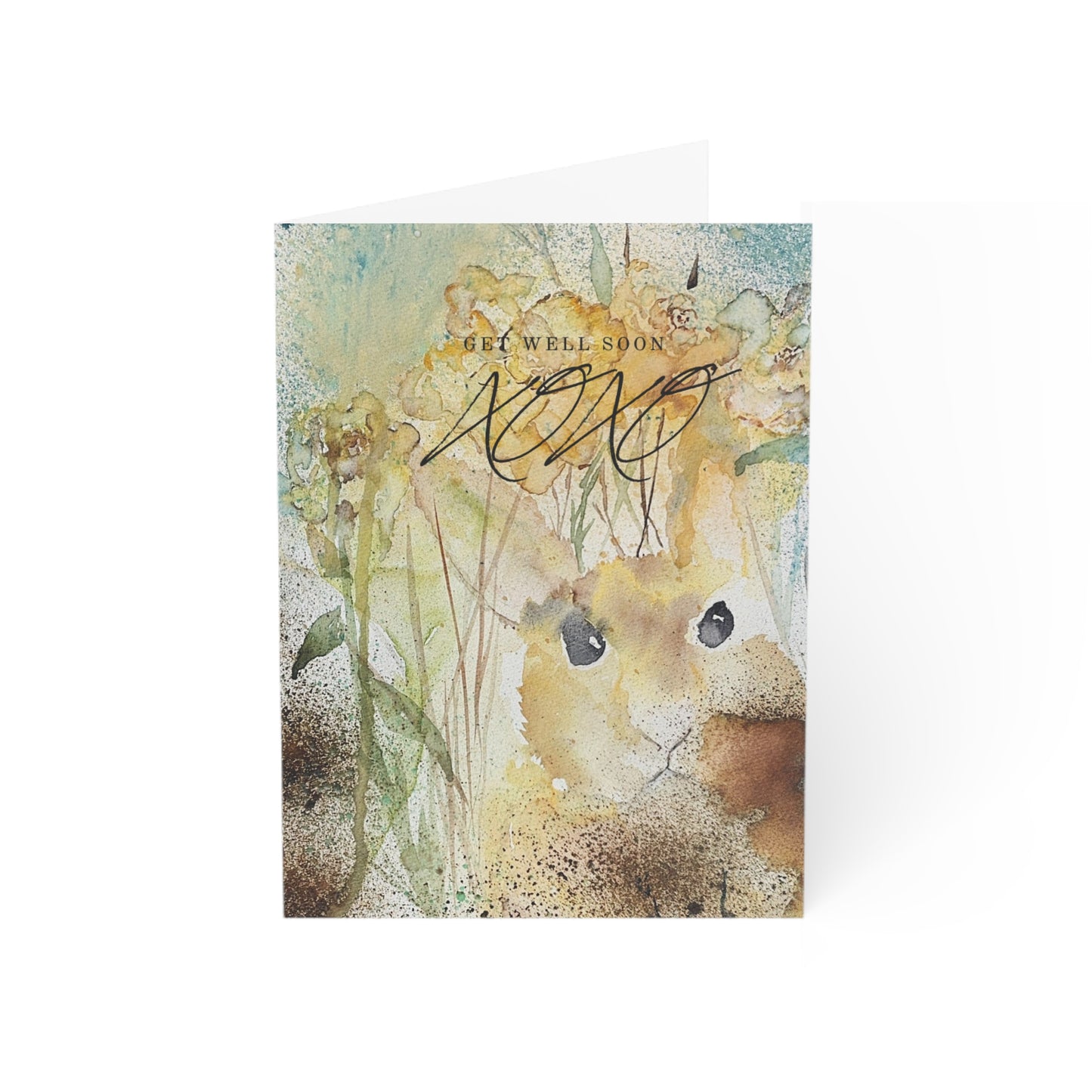 Hand-Painted Watercolor Get Well Soon Card - Charming Bunny with Flowers - Unique Greeting Card for Recovery