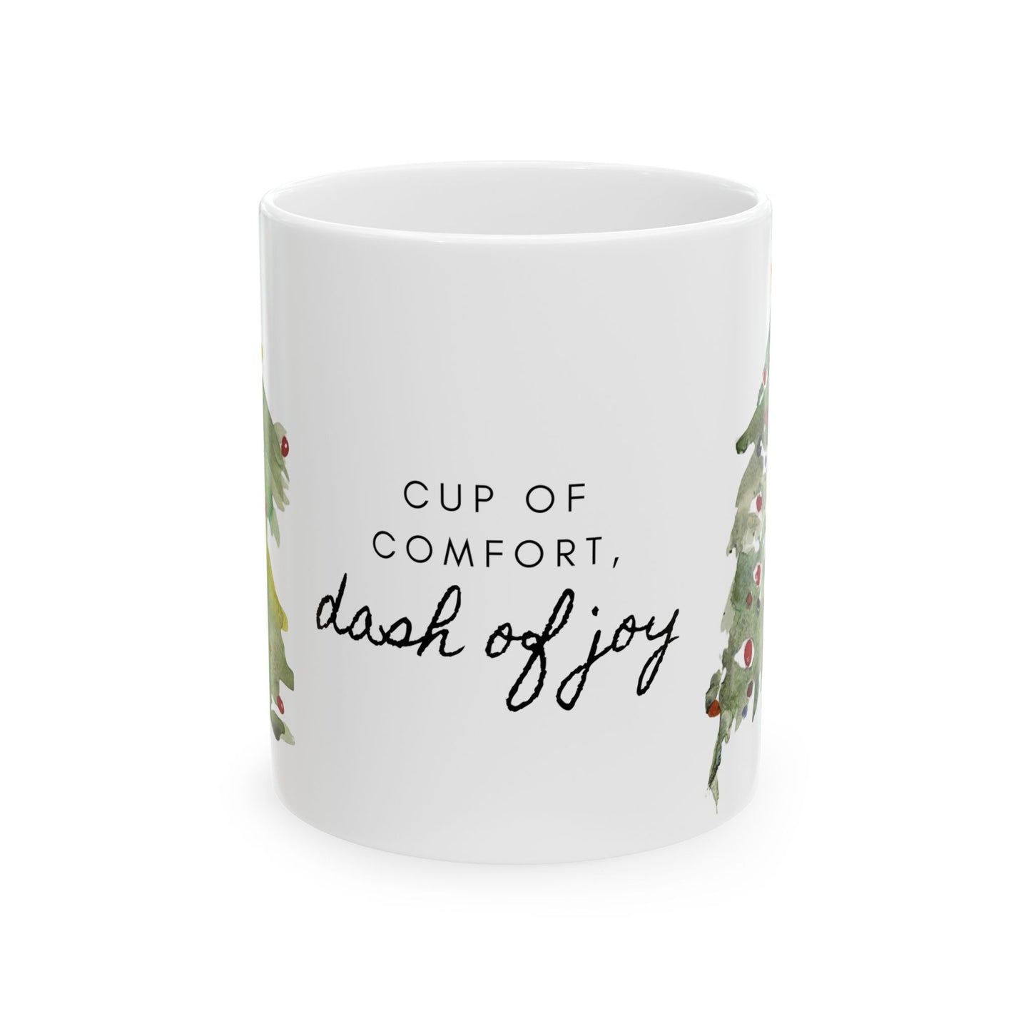 Cup of Comfort, Dash of Joy Christmas Mug – Festive Watercolor Art with Two Christmas Trees