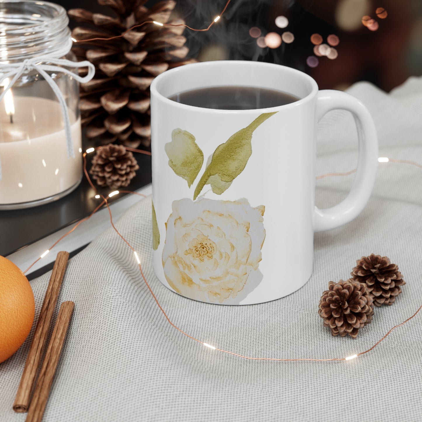 Hand-Painted Watercolor Ceramic Mug - Antique Rose Design - Matching Floral Mug for Journal Lovers