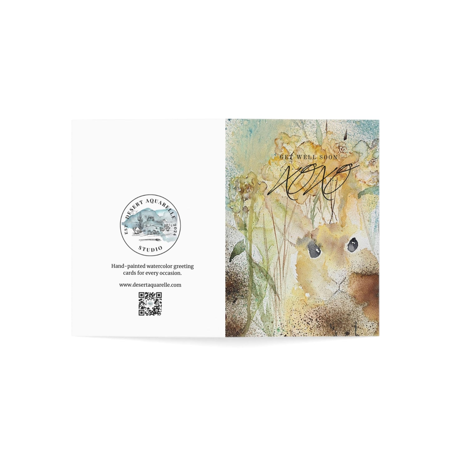 Hand-Painted Watercolor Get Well Soon Card - Charming Bunny with Flowers - Unique Greeting Card for Recovery