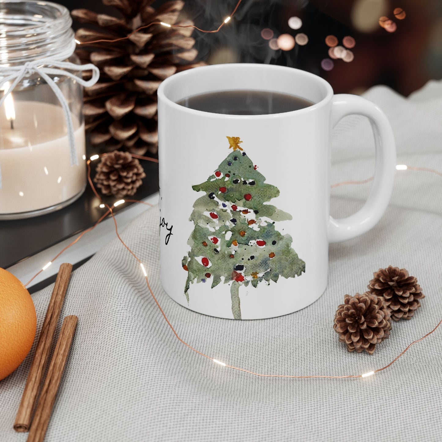 Cup of Comfort, Dash of Joy Christmas Mug – Festive Watercolor Art with Two Christmas Trees