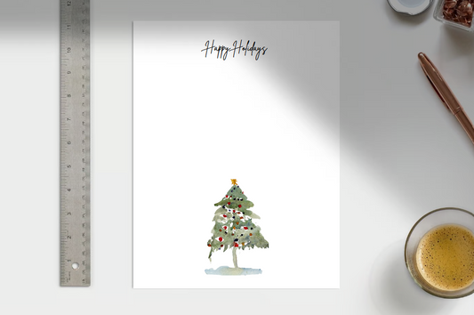 Happy Holidays Hand-Painted Watercolor Stationery - Digital Download - Festive Christmas Tree Design