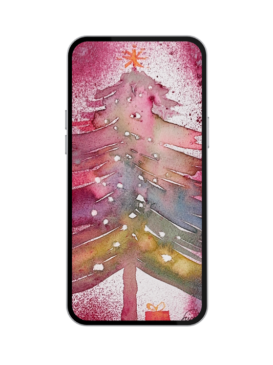 Colorful Tree iPhone Wallpaper Digital Download - Hand-Painted Watercolor Christmas Design