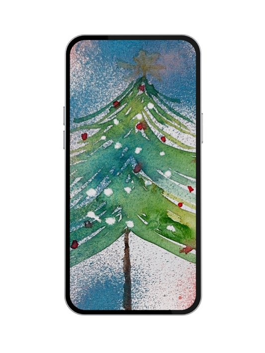 Watercolor Christmas Tree iPhone Wallpaper Digital Download - Festive Holiday Design